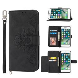 Skin Feel Embossed Lace Flower Multiple Card Slots Leather Wallet Phone Case for iPhone 6s Plus / 6 Plus 6P(5.5 inch) - Black