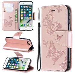 Embossing Double Butterfly Leather Wallet Case for iPhone 8 / 7 (4.7 inch) - Rose Gold