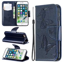 Embossing Double Butterfly Leather Wallet Case for iPhone 8 / 7 (4.7 inch) - Dark Blue