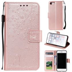 Embossing Cherry Blossom Cat Leather Wallet Case for iPhone 8 / 7 (4.7 inch) - Rose Gold