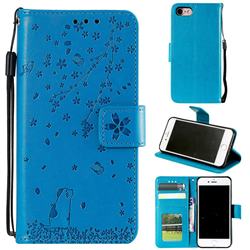 Embossing Cherry Blossom Cat Leather Wallet Case for iPhone 8 / 7 (4.7 inch) - Blue