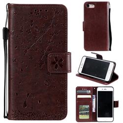 Embossing Cherry Blossom Cat Leather Wallet Case for iPhone 8 / 7 (4.7 inch) - Brown