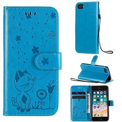 Embossing Bee and Cat Leather Wallet Case for iPhone 8 / 7 (4.7 inch) - Blue