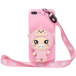 Pink Pig Neck Lanyard Zipper Wallet Silicone Case for iPhone 8 Plus / 7 Plus 7P(5.5 inch)