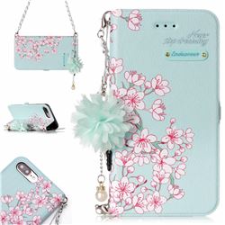 Cherry Blossoms Endeavour Florid Pearl Flower Pendant Metal Strap PU Leather Wallet Case for iPhone 8 Plus / 7 Plus 7P(5.5 inch)