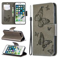 Embossing Double Butterfly Leather Wallet Case for iPhone 8 Plus / 7 Plus 7P(5.5 inch) - Gray