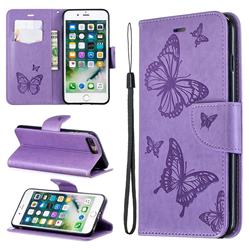 Embossing Double Butterfly Leather Wallet Case for iPhone 8 Plus / 7 Plus 7P(5.5 inch) - Purple