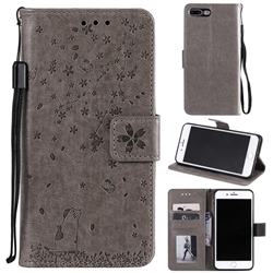 Embossing Cherry Blossom Cat Leather Wallet Case for iPhone 8 Plus / 7 Plus 7P(5.5 inch) - Gray