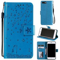 Embossing Cherry Blossom Cat Leather Wallet Case for iPhone 8 Plus / 7 Plus 7P(5.5 inch) - Blue