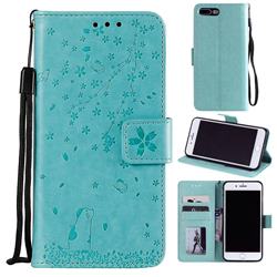 Embossing Cherry Blossom Cat Leather Wallet Case for iPhone 8 Plus / 7 Plus 7P(5.5 inch) - Green