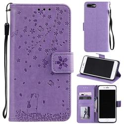 Embossing Cherry Blossom Cat Leather Wallet Case for iPhone 8 Plus / 7 Plus 7P(5.5 inch) - Purple