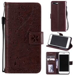 Embossing Cherry Blossom Cat Leather Wallet Case for iPhone 8 Plus / 7 Plus 7P(5.5 inch) - Brown