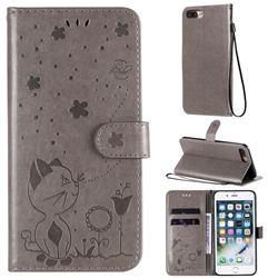 Embossing Bee and Cat Leather Wallet Case for iPhone 8 Plus / 7 Plus 7P(5.5 inch) - Gray