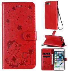 Embossing Bee and Cat Leather Wallet Case for iPhone 8 Plus / 7 Plus 7P(5.5 inch) - Red