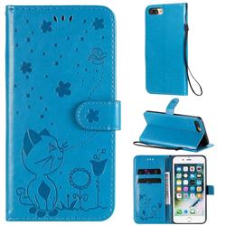 Embossing Bee and Cat Leather Wallet Case for iPhone 8 Plus / 7 Plus 7P(5.5 inch) - Blue
