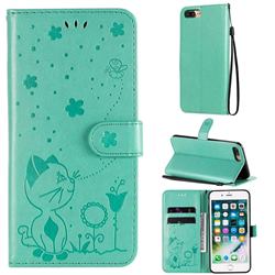 Embossing Bee and Cat Leather Wallet Case for iPhone 8 Plus / 7 Plus 7P(5.5 inch) - Green