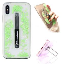 Concealed Ring Holder Stand Glitter Quicksand Dynamic Liquid Phone Case for iPhone XS / X / 10 (5.8 inch) - Green
