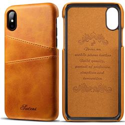 Suteni Retro Classic Card Slots Calf Leather Coated Back Cover for iPhone XS / iPhone X(5.8 inch) - Khaki