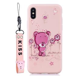 Pink Flower Bear Soft Kiss Candy Hand Strap Silicone Case for iPhone XS / iPhone X(5.8 inch)