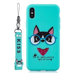 Green Glasses Dog Soft Kiss Candy Hand Strap Silicone Case for iPhone XS / iPhone X(5.8 inch)