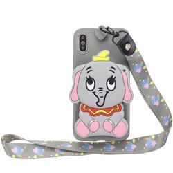 Gray Elephant Neck Lanyard Zipper Wallet Silicone Case for iPhone XS / iPhone X(5.8 inch)