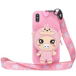 Pink Pig Neck Lanyard Zipper Wallet Silicone Case for iPhone XS / iPhone X(5.8 inch)