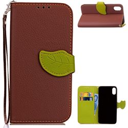 Leaf Buckle Litchi Leather Wallet Phone Case for iPhone XS / X / 10 (5.8 inch) - Brown