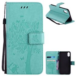 Embossing Butterfly Tree Leather Wallet Case for iPhone XS / X / 10 (5.8 inch) - Cyan