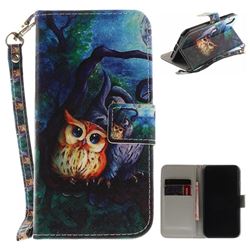 Oil Painting Owl Hand Strap Leather Wallet Case for iPhone XS / X / 10 (5.8 inch)