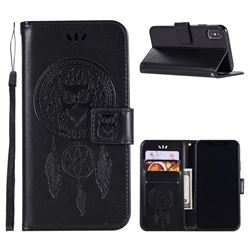 Intricate Embossing Owl Campanula Leather Wallet Case for iPhone XS / X / 10 (5.8 inch) - Black