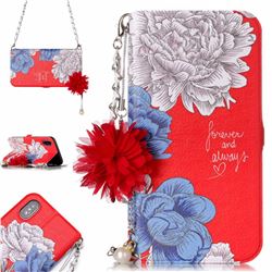 Red Chrysanthemum Endeavour Florid Pearl Flower Pendant Metal Strap PU Leather Wallet Case for iPhone XS / X / 10 (5.8 inch)