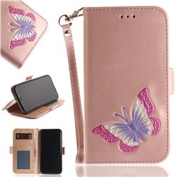 Imprint Embossing Butterfly Leather Wallet Case for iPhone XS / X / 10 (5.8 inch) - Rose Gold