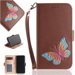 Imprint Embossing Butterfly Leather Wallet Case for iPhone XS / X / 10 (5.8 inch) - Brown