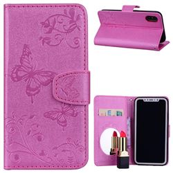 Embossing Butterfly Morning Glory Mirror Leather Wallet Case for iPhone XS / X / 10 (5.8 inch) - Rose