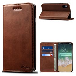 Suteni Simple Style Calf Stripe Leather Wallet Phone Case for iPhone XS / X / 10 (5.8 inch) - Brown