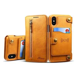 Suteni Retro 2 in 1 Separable Metal Zipper Buttons PU Leather Wallet Phone Case for iPhone XS / X / 10 (5.8 inch) - Khaki