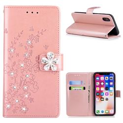 Embossing Plum Blossom Rhinestone Leather Wallet Case for iPhone XS / X / 10 (5.8 inch) - Rose Gold