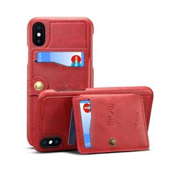 Suteni Retro Classic Zipper Buttons Card Slots Phone Cover for iPhone XS / X / 10 (5.8 inch) - Red