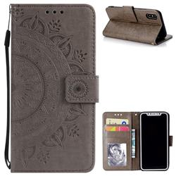 Intricate Embossing Datura Leather Wallet Case for iPhone XS / X / 10 (5.8 inch) - Gray
