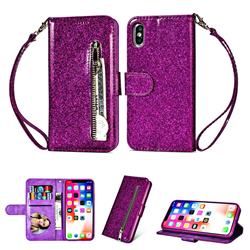 Glitter Shine Leather Zipper Wallet Phone Case for iPhone XS / iPhone X(5.8 inch) - Purple