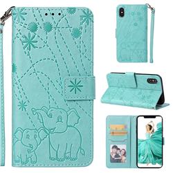 Embossing Fireworks Elephant Leather Wallet Case for iPhone XS / iPhone X(5.8 inch) - Green