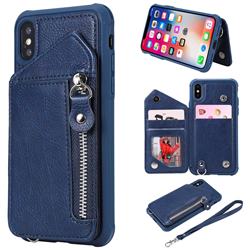 Classic Luxury Buckle Zipper Anti-fall Leather Phone Back Cover for iPhone XS / iPhone X(5.8 inch) - Blue