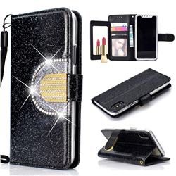 Glitter Diamond Buckle Splice Mirror Leather Wallet Phone Case for iPhone XS / iPhone X(5.8 inch) - Black