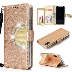 Glitter Diamond Buckle Splice Mirror Leather Wallet Phone Case for iPhone XS / iPhone X(5.8 inch) - Golden