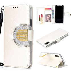 Glitter Diamond Buckle Splice Mirror Leather Wallet Phone Case for iPhone XS / iPhone X(5.8 inch) - White