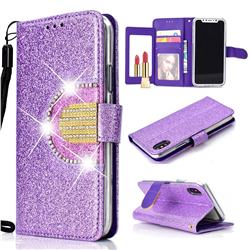 Glitter Diamond Buckle Splice Mirror Leather Wallet Phone Case for iPhone XS / iPhone X(5.8 inch) - Purple