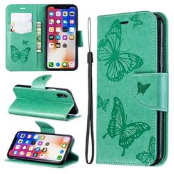 Embossing Double Butterfly Leather Wallet Case for iPhone XS / iPhone X(5.8 inch) - Green