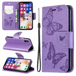 Embossing Double Butterfly Leather Wallet Case for iPhone XS / iPhone X(5.8 inch) - Purple