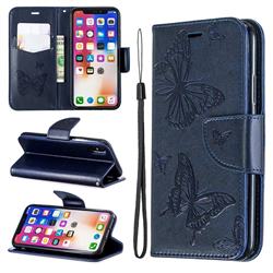 Embossing Double Butterfly Leather Wallet Case for iPhone XS / iPhone X(5.8 inch) - Dark Blue