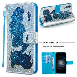 Mermaid Seahorse Sequins Painted Leather Wallet Case for iPhone XS / iPhone X(5.8 inch)